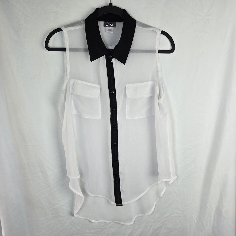 Vintage DOTS Womens Large White Sleeveless Sheer Blouse Y2K Retro Indie Sleaze